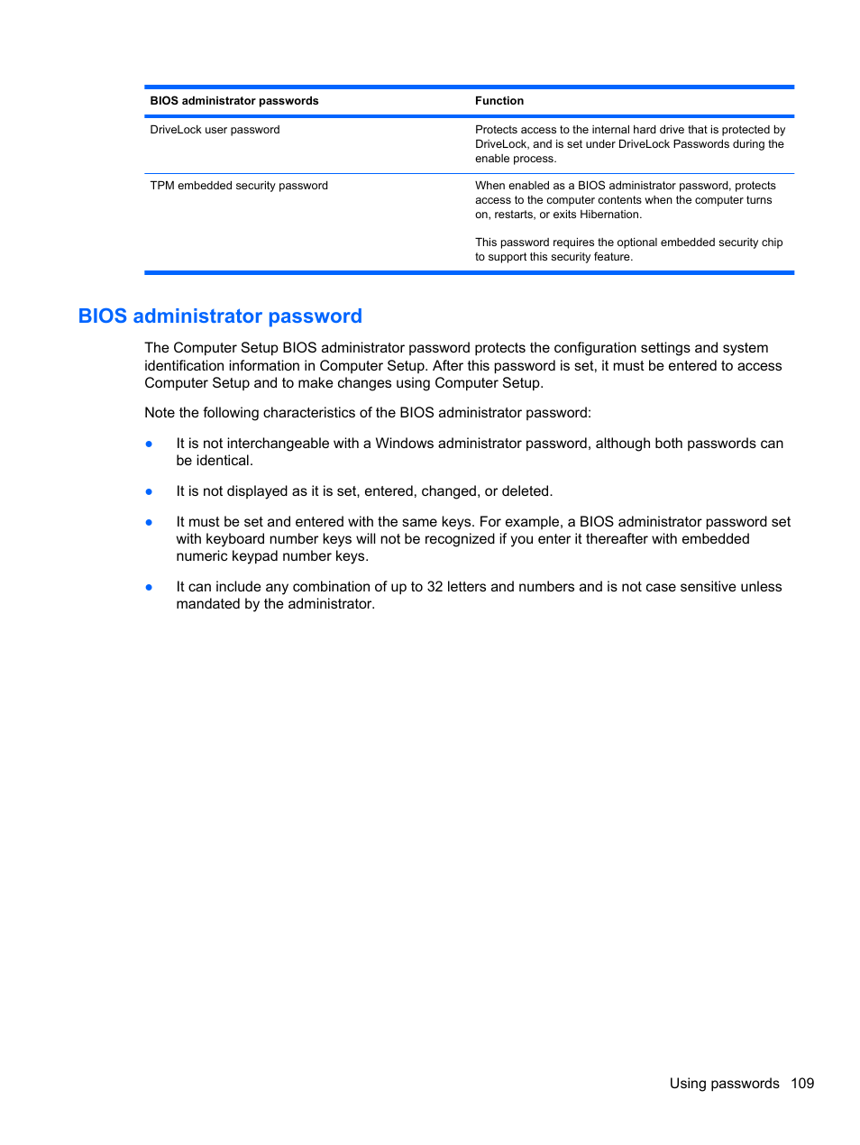 Bios administrator password | HP EliteBook 2740p Tablet-PC User Manual | Page 121 / 175