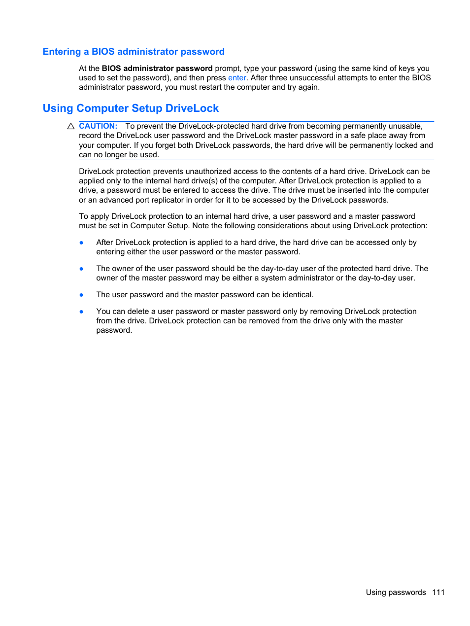 Entering a bios administrator password, Using computer setup drivelock | HP EliteBook 2740p Tablet-PC User Manual | Page 123 / 175