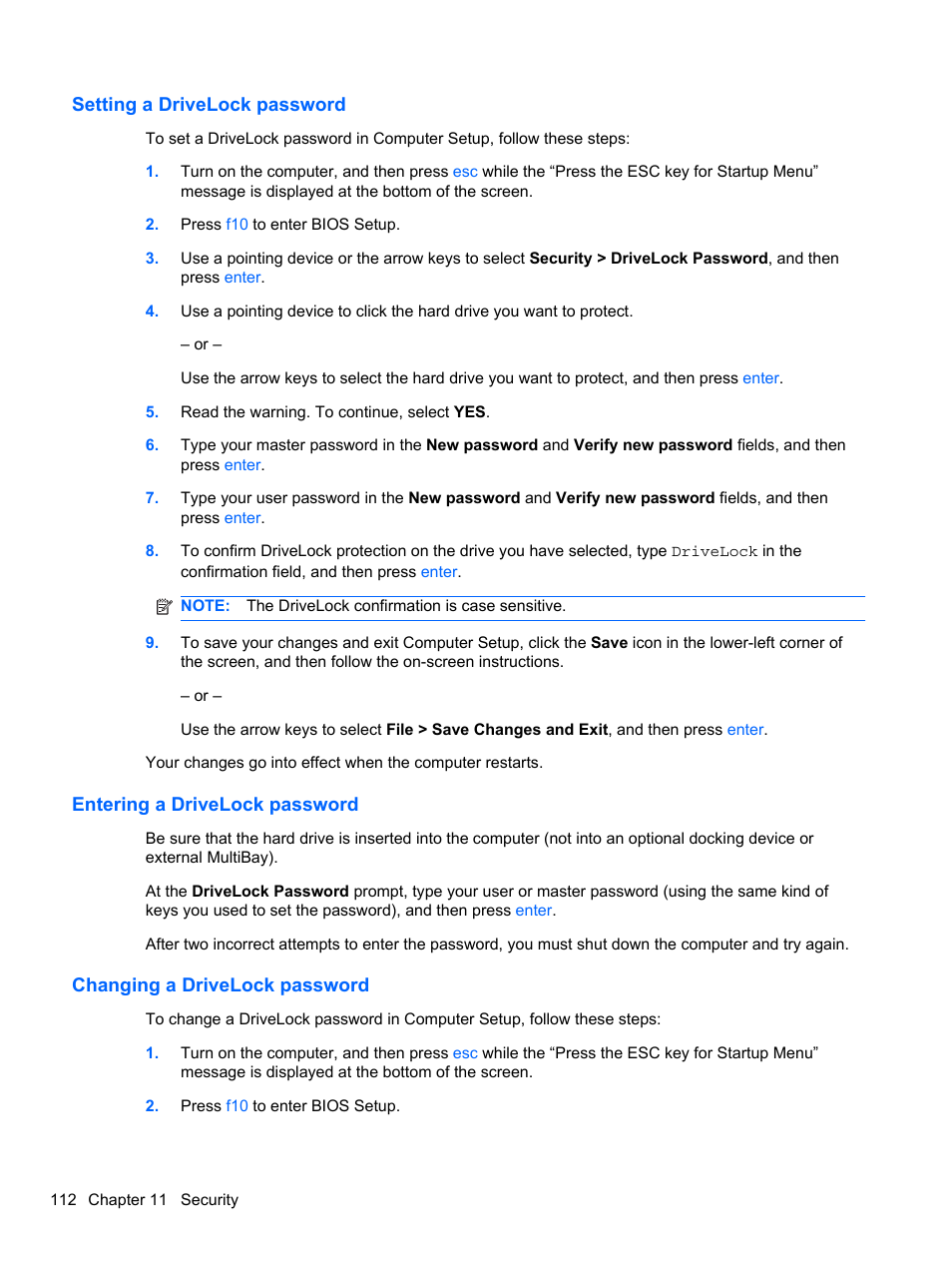 Setting a drivelock password, Entering a drivelock password, Changing a drivelock password | HP EliteBook 2740p Tablet-PC User Manual | Page 124 / 175