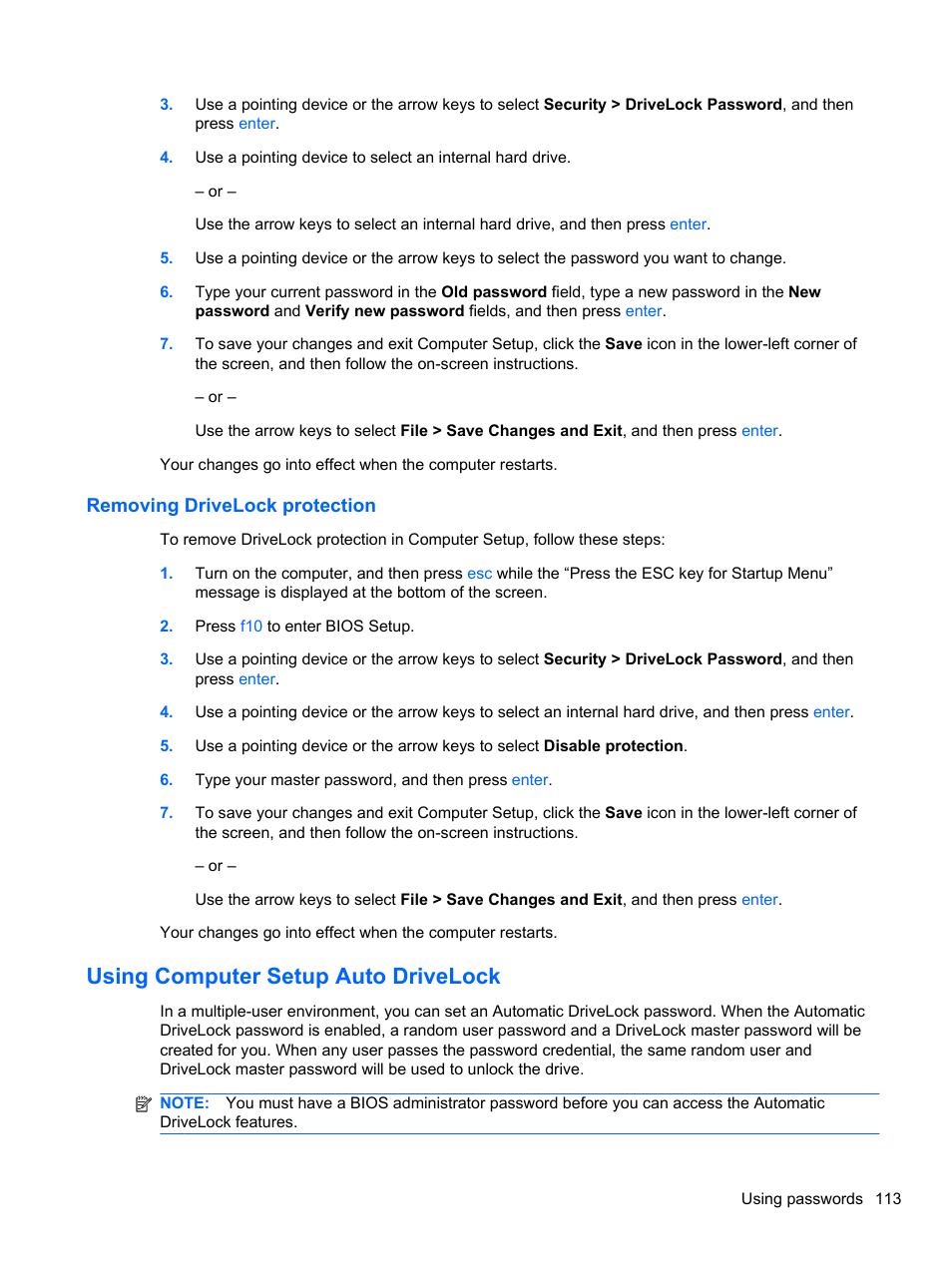 Removing drivelock protection, Using computer setup auto drivelock | HP EliteBook 2740p Tablet-PC User Manual | Page 125 / 175