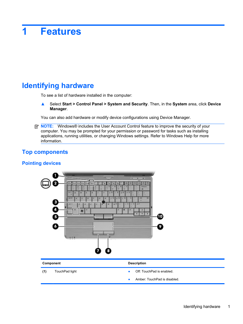 Features, Identifying hardware, Top components | Pointing devices, 1 features, 1features | HP EliteBook 2740p Tablet-PC User Manual | Page 13 / 175