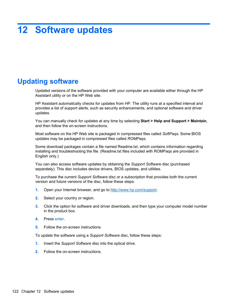 Software updates, Updating software, 12 software updates | HP EliteBook 2740p Tablet-PC User Manual | Page 134 / 175