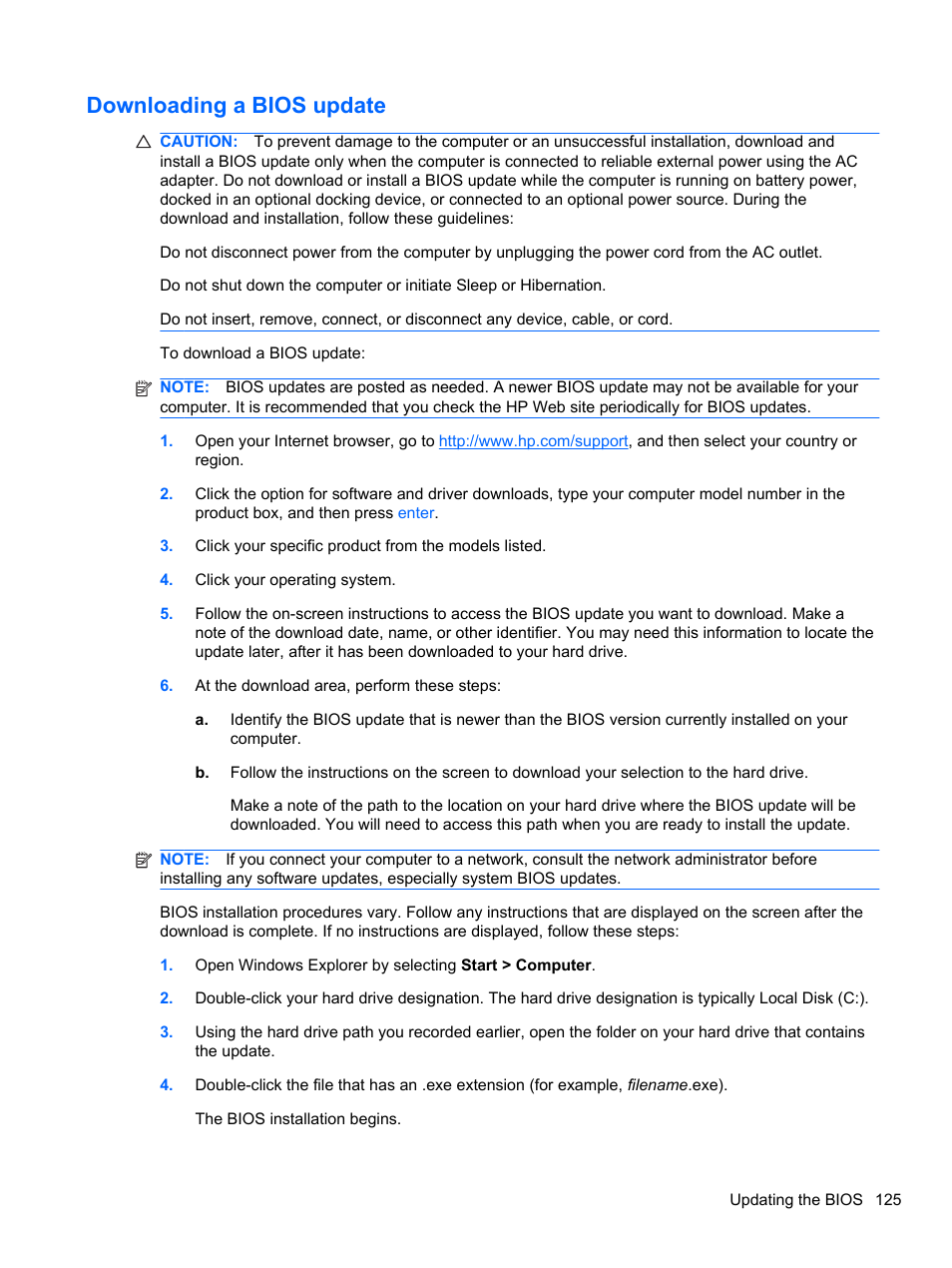 Downloading a bios update | HP EliteBook 2740p Tablet-PC User Manual | Page 137 / 175