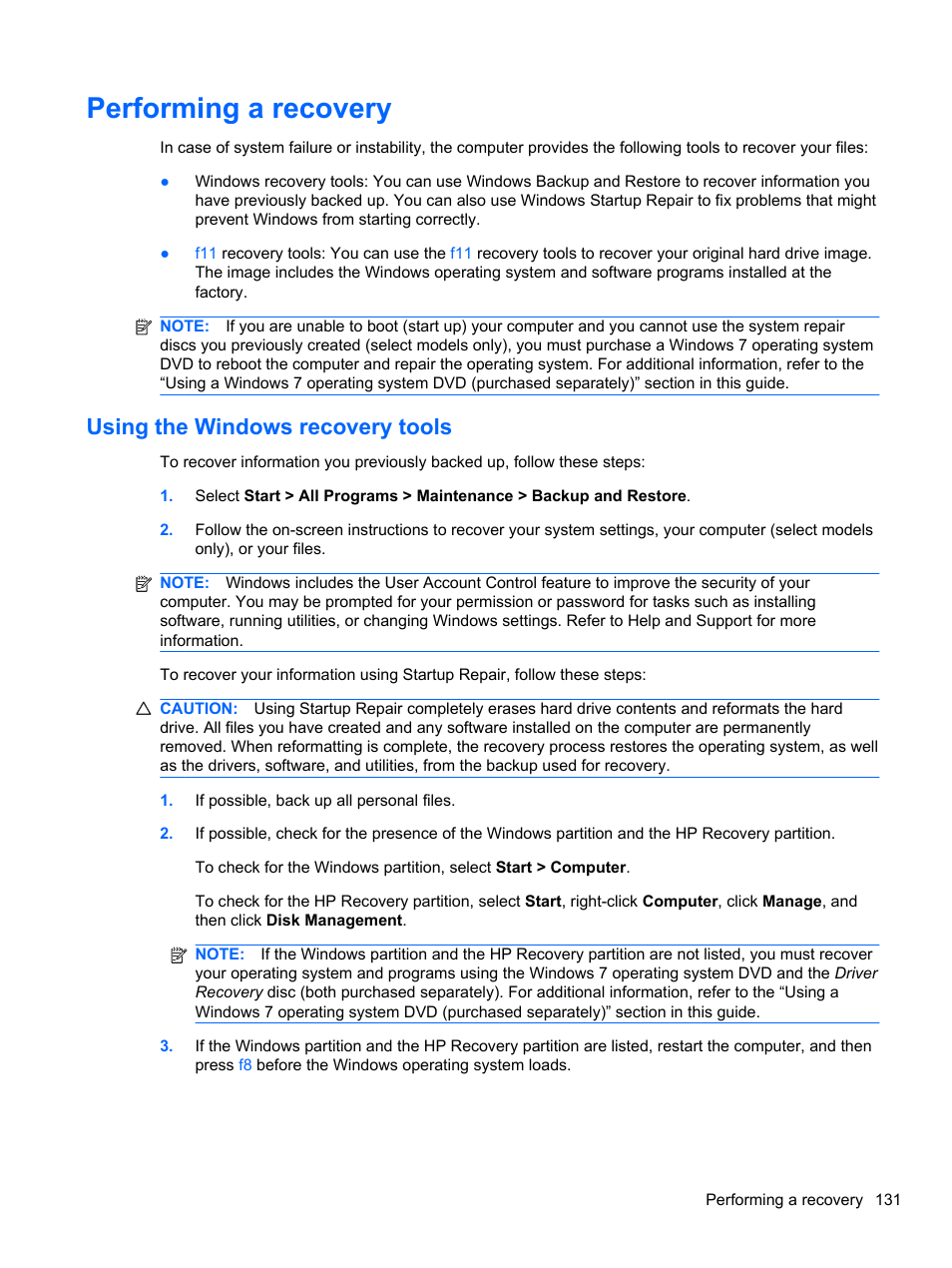 Performing a recovery, Using the windows recovery tools | HP EliteBook 2740p Tablet-PC User Manual | Page 143 / 175