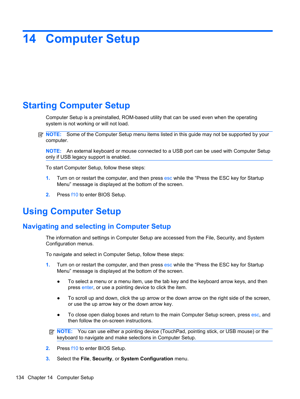 Computer setup, Starting computer setup, Using computer setup | Navigating and selecting in computer setup, 14 computer setup, Starting computer setup using computer setup | HP EliteBook 2740p Tablet-PC User Manual | Page 146 / 175