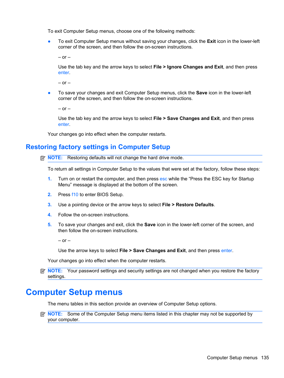 Restoring factory settings in computer setup, Computer setup menus | HP EliteBook 2740p Tablet-PC User Manual | Page 147 / 175