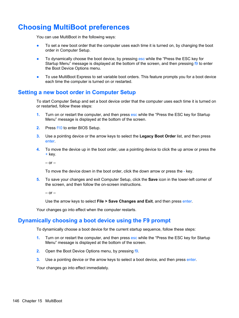 Choosing multiboot preferences, Setting a new boot order in computer setup | HP EliteBook 2740p Tablet-PC User Manual | Page 158 / 175