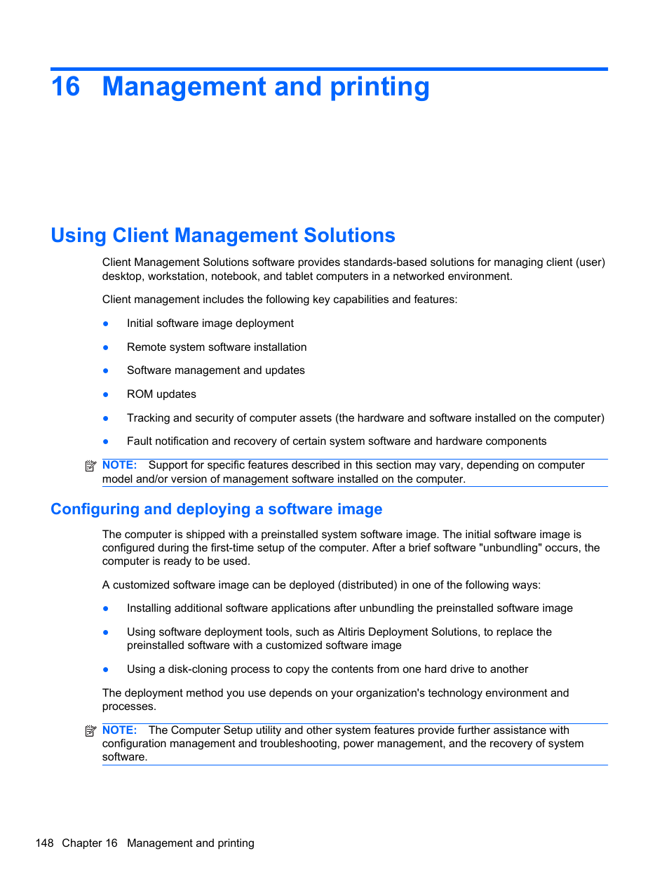 Management and printing, Using client management solutions, Configuring and deploying a software image | 16 management and printing | HP EliteBook 2740p Tablet-PC User Manual | Page 160 / 175