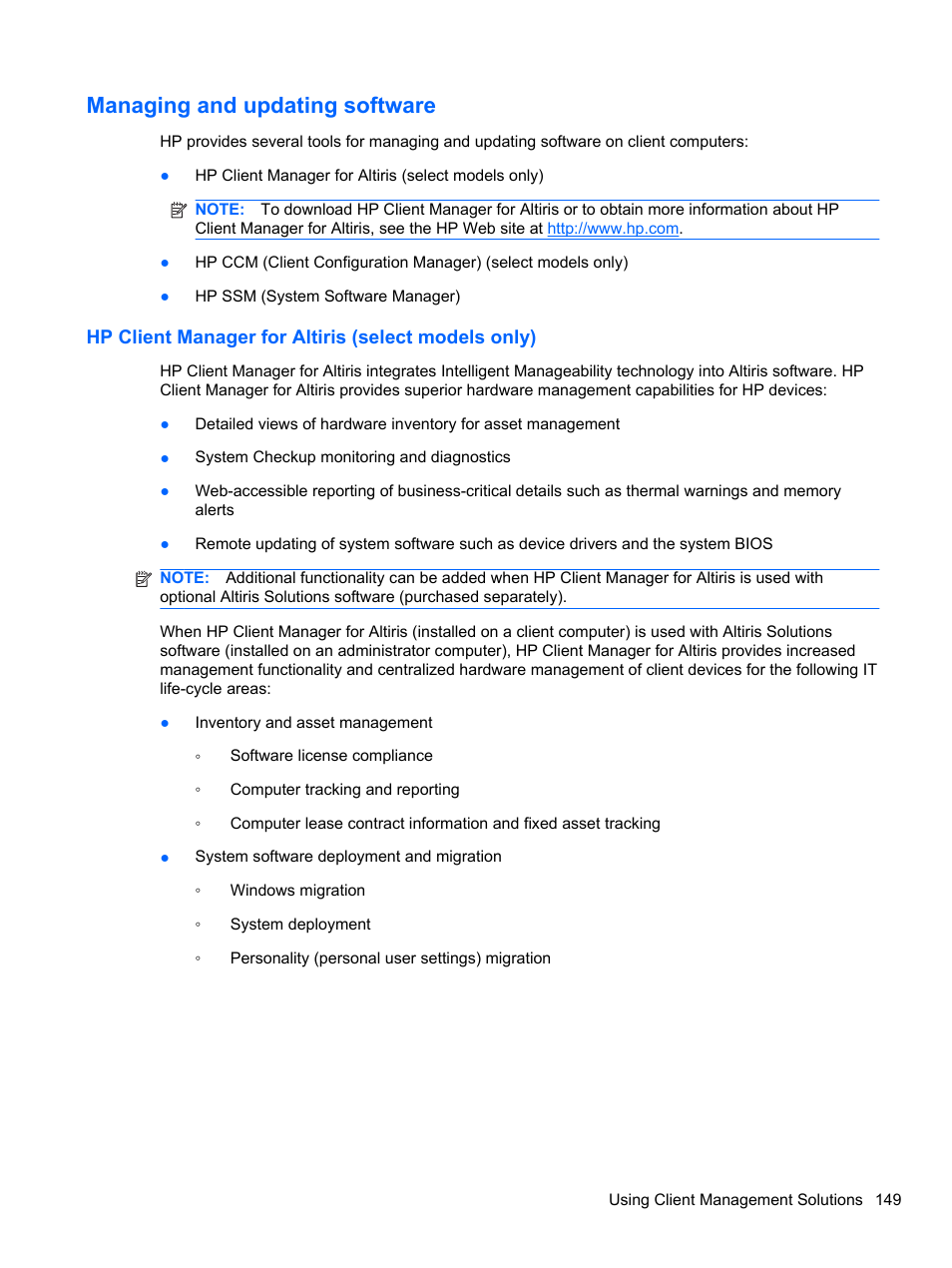 Managing and updating software, Hp client manager for altiris (select models only) | HP EliteBook 2740p Tablet-PC User Manual | Page 161 / 175