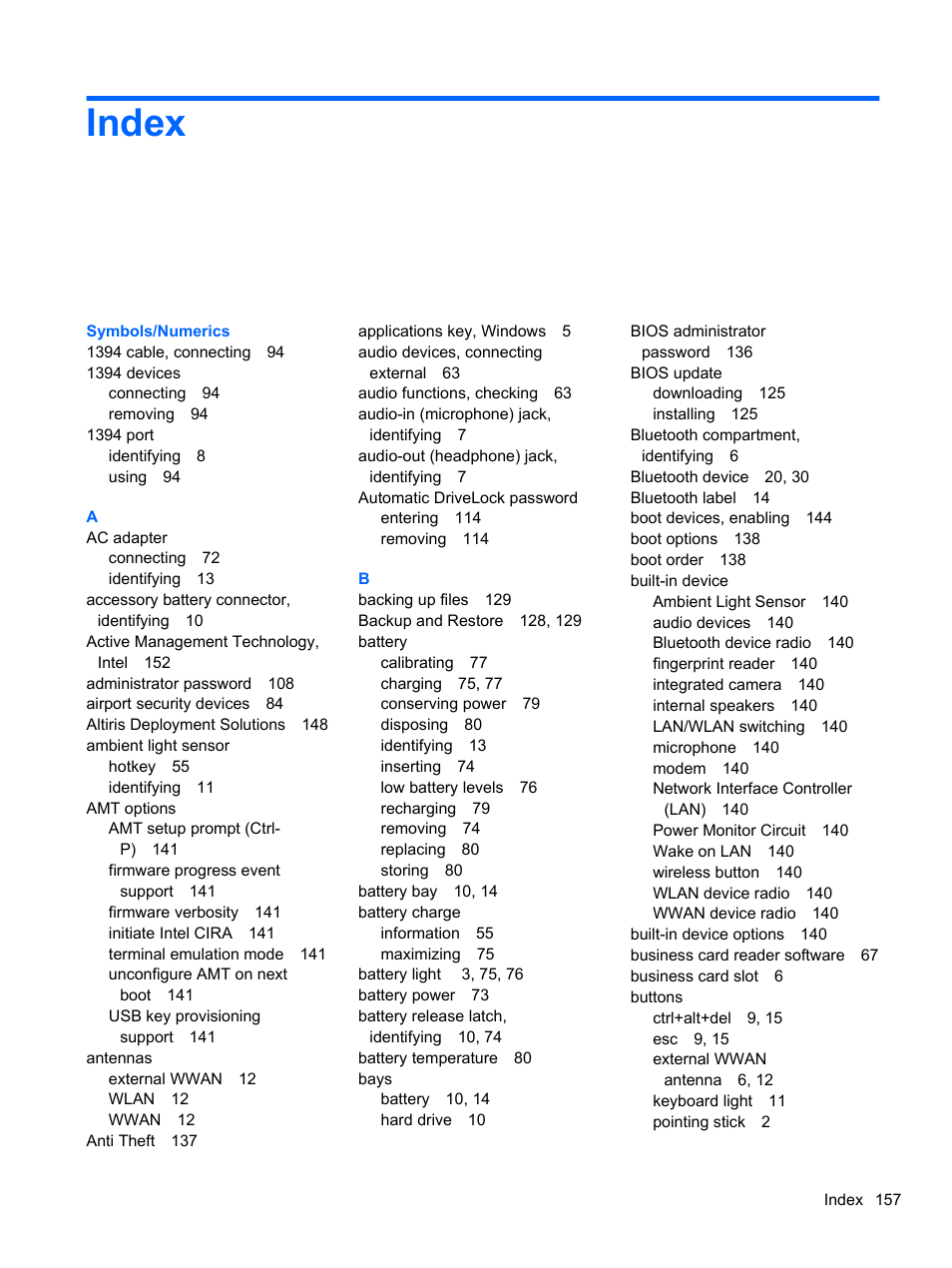 Index | HP EliteBook 2740p Tablet-PC User Manual | Page 169 / 175