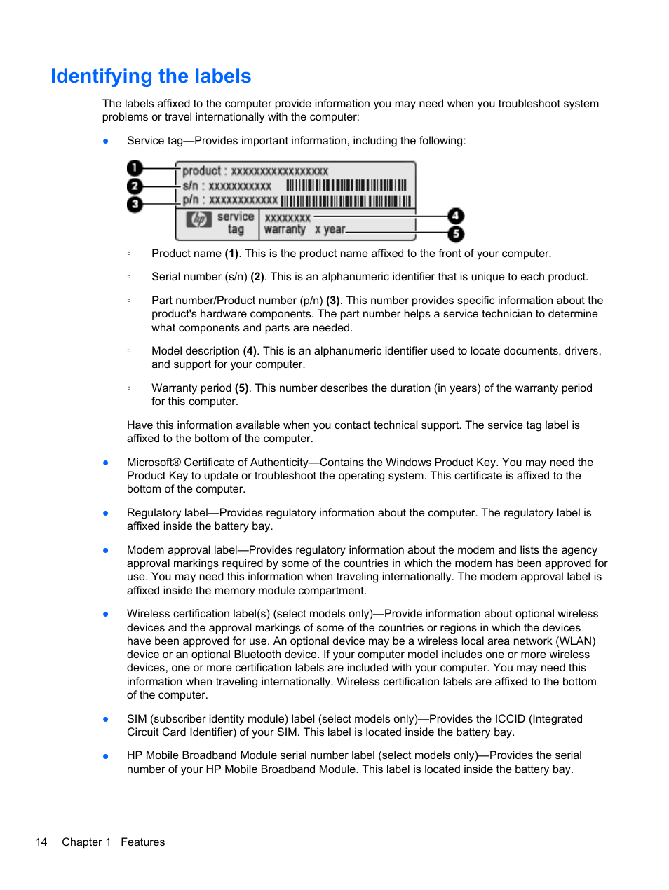 Identifying the labels | HP EliteBook 2740p Tablet-PC User Manual | Page 26 / 175