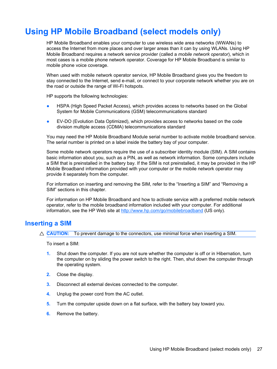 Using hp mobile broadband (select models only), Inserting a sim | HP EliteBook 2740p Tablet-PC User Manual | Page 39 / 175