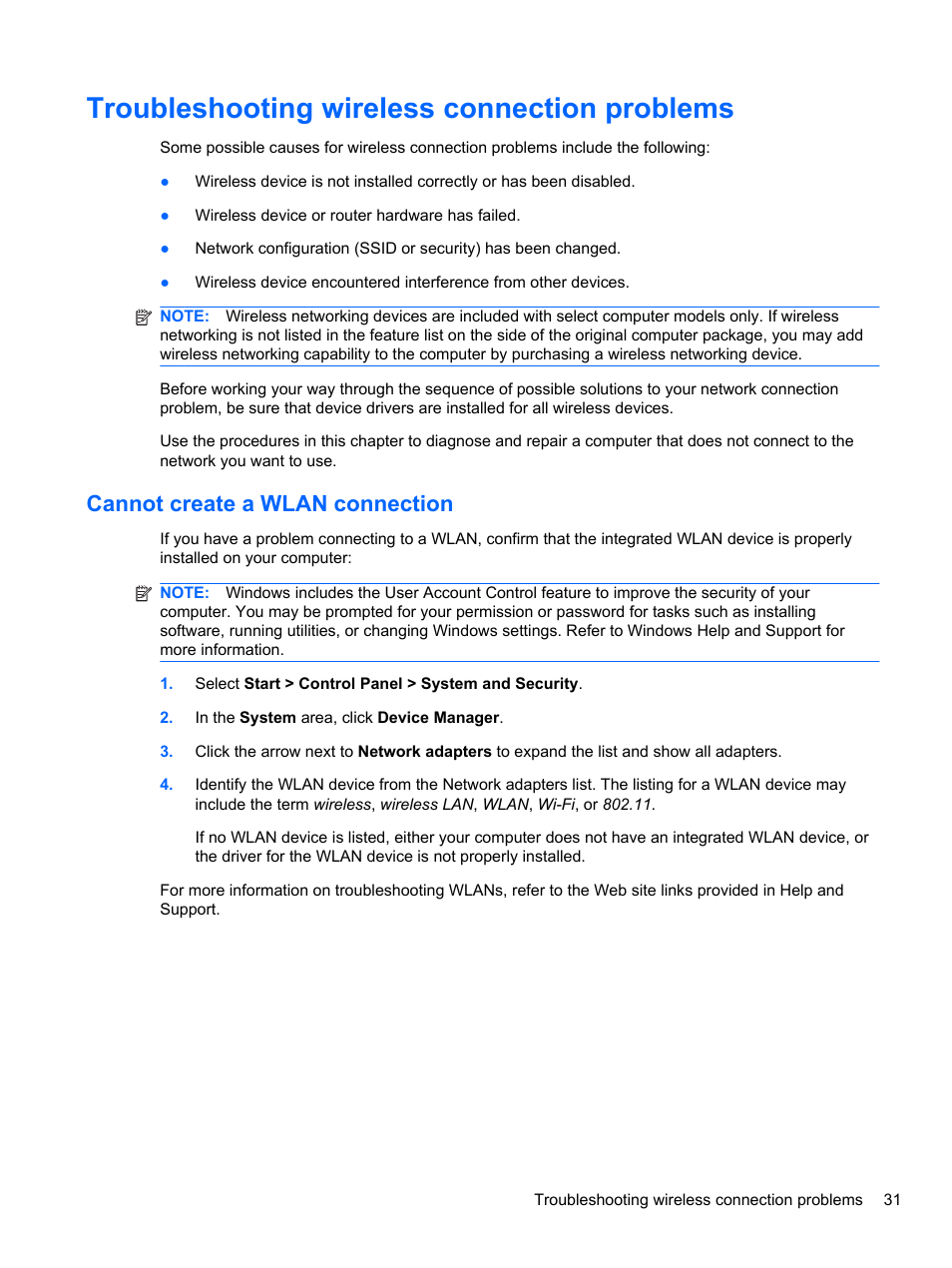 Troubleshooting wireless connection problems, Cannot create a wlan connection | HP EliteBook 2740p Tablet-PC User Manual | Page 43 / 175