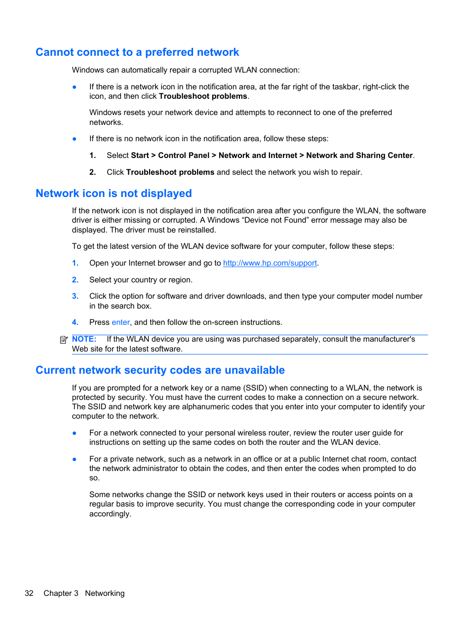 Cannot connect to a preferred network, Network icon is not displayed, Current network security codes are unavailable | HP EliteBook 2740p Tablet-PC User Manual | Page 44 / 175