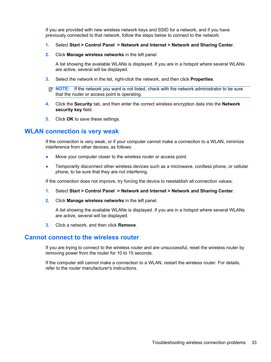 Wlan connection is very weak, Cannot connect to the wireless router | HP EliteBook 2740p Tablet-PC User Manual | Page 45 / 175