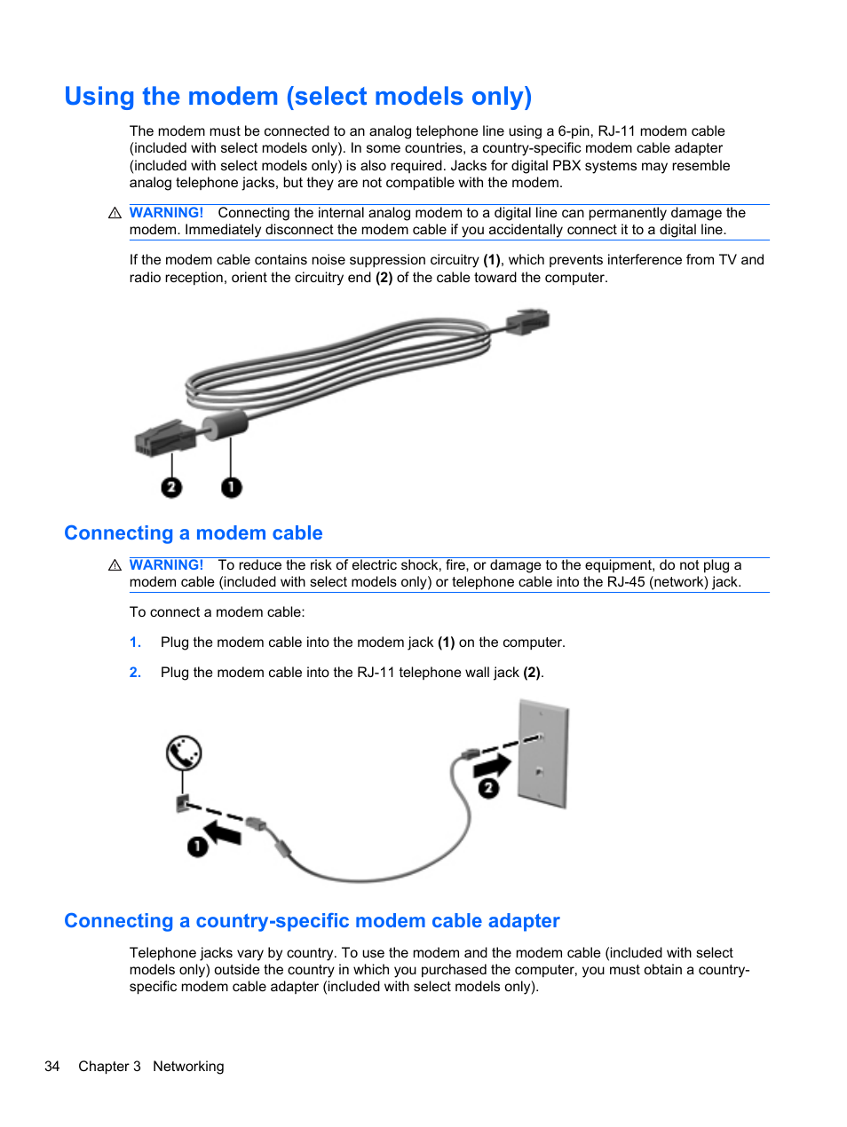 Using the modem (select models only), Connecting a modem cable, Connecting a country-specific modem cable adapter | HP EliteBook 2740p Tablet-PC User Manual | Page 46 / 175