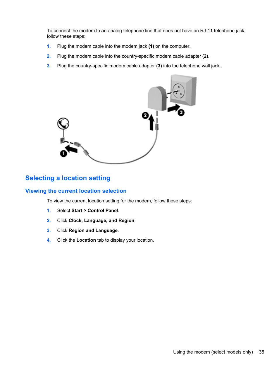 Selecting a location setting, Viewing the current location selection | HP EliteBook 2740p Tablet-PC User Manual | Page 47 / 175