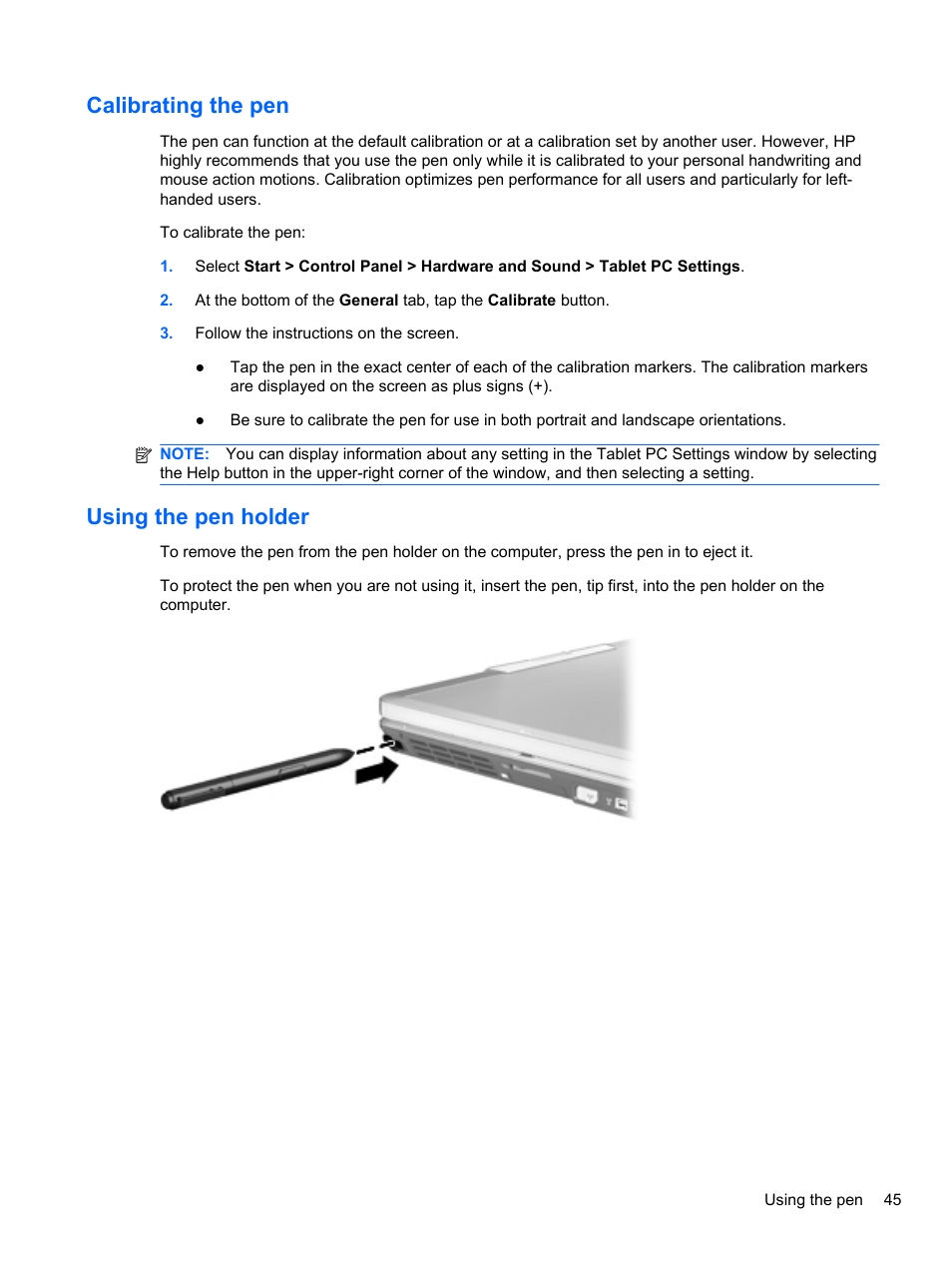 Calibrating the pen, Using the pen holder, Calibrating the pen using the pen holder | HP EliteBook 2740p Tablet-PC User Manual | Page 57 / 175