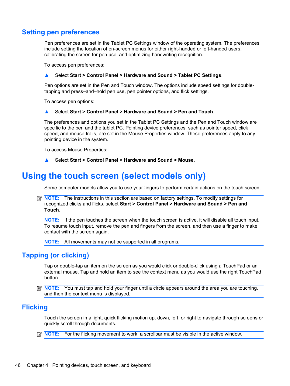 Setting pen preferences, Using the touch screen (select models only), Tapping (or clicking) | Flicking, Tapping (or clicking) flicking | HP EliteBook 2740p Tablet-PC User Manual | Page 58 / 175