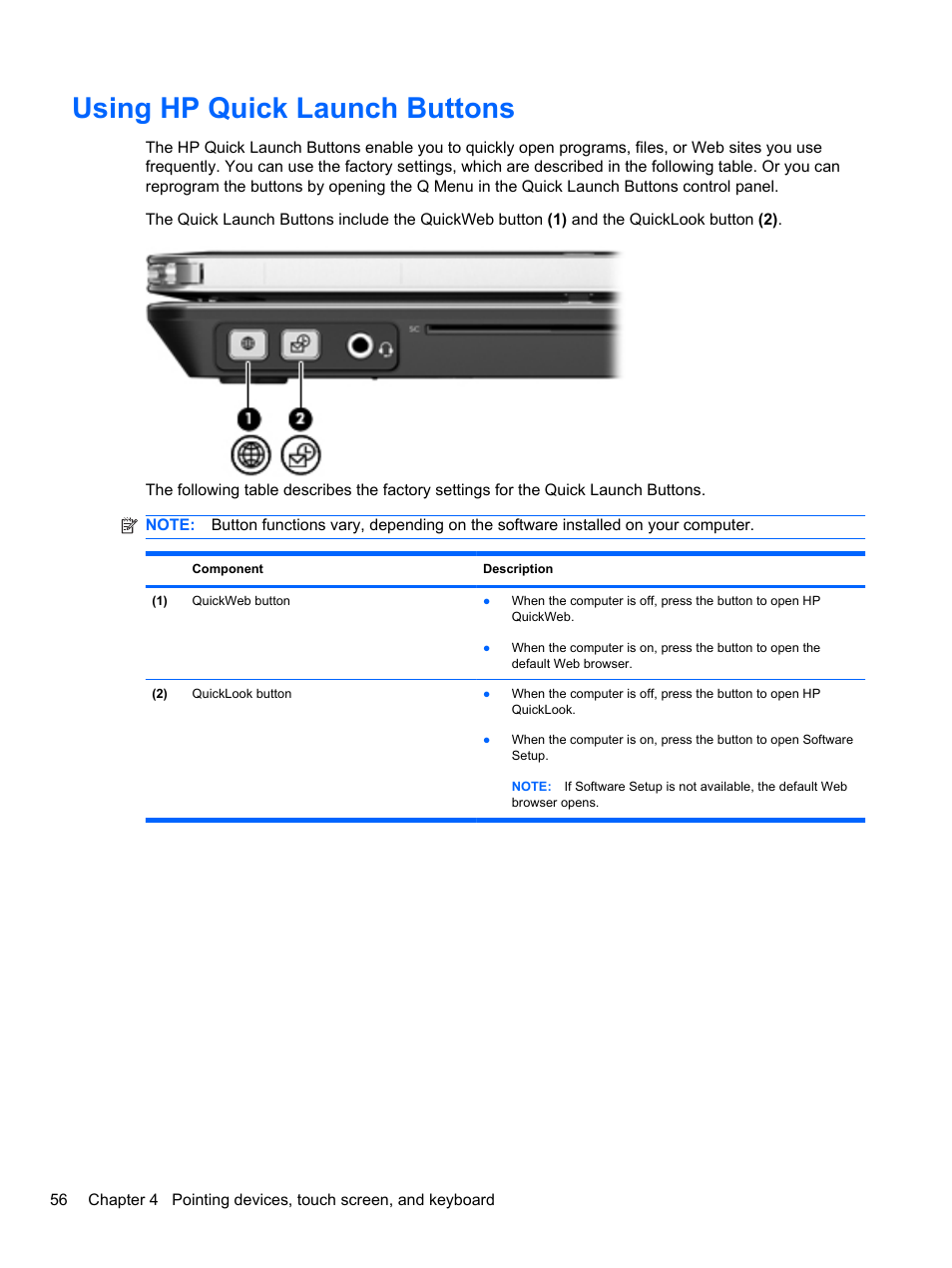 Using hp quick launch buttons | HP EliteBook 2740p Tablet-PC User Manual | Page 68 / 175