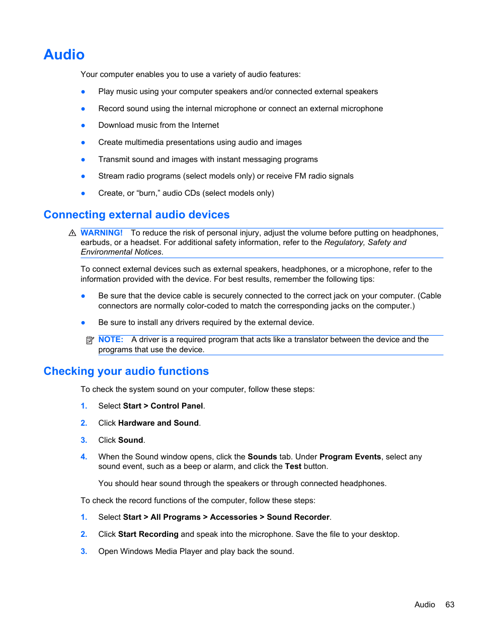 Audio, Connecting external audio devices, Checking your audio functions | HP EliteBook 2740p Tablet-PC User Manual | Page 75 / 175