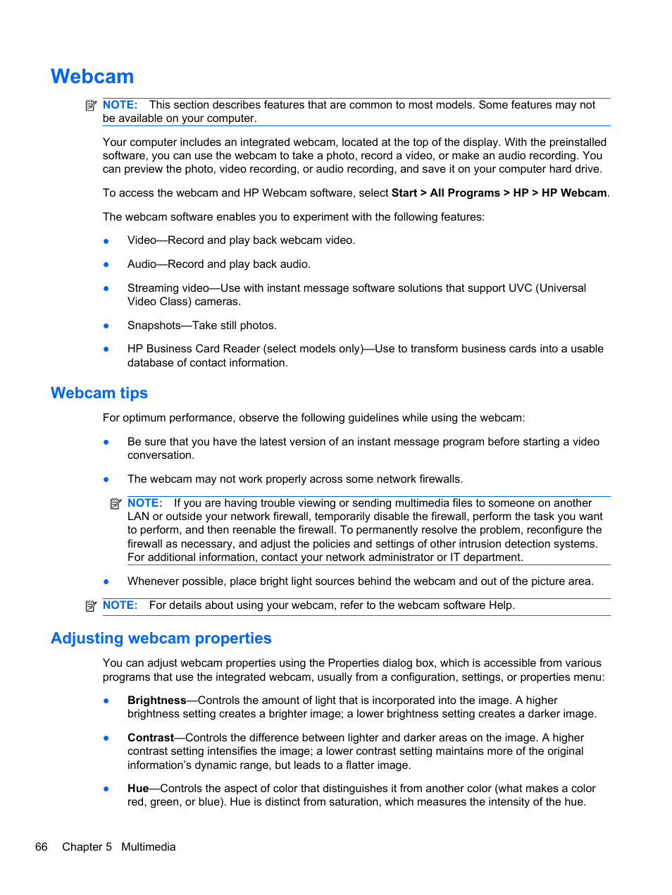 Webcam, Webcam tips, Adjusting webcam properties | Webcam tips adjusting webcam properties | HP EliteBook 2740p Tablet-PC User Manual | Page 78 / 175