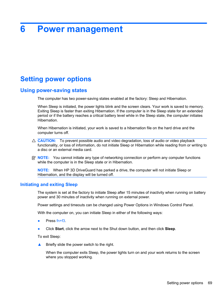 Power management, Setting power options, Using power-saving states | Initiating and exiting sleep, 6 power management, 6power management | HP EliteBook 2740p Tablet-PC User Manual | Page 81 / 175