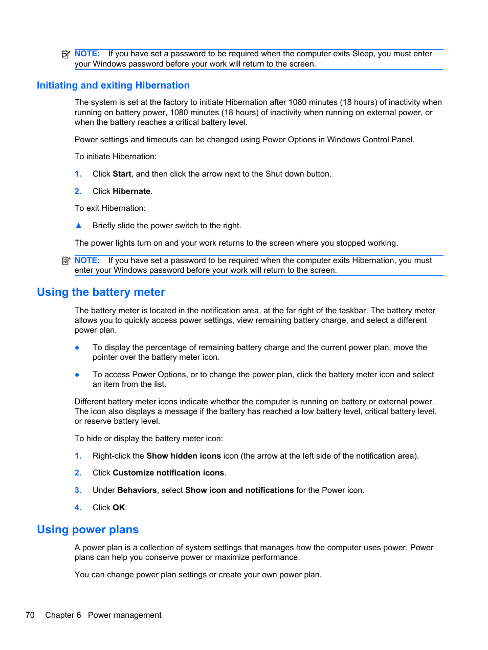 Initiating and exiting hibernation, Using the battery meter, Using power plans | Using the battery meter using power plans | HP EliteBook 2740p Tablet-PC User Manual | Page 82 / 175