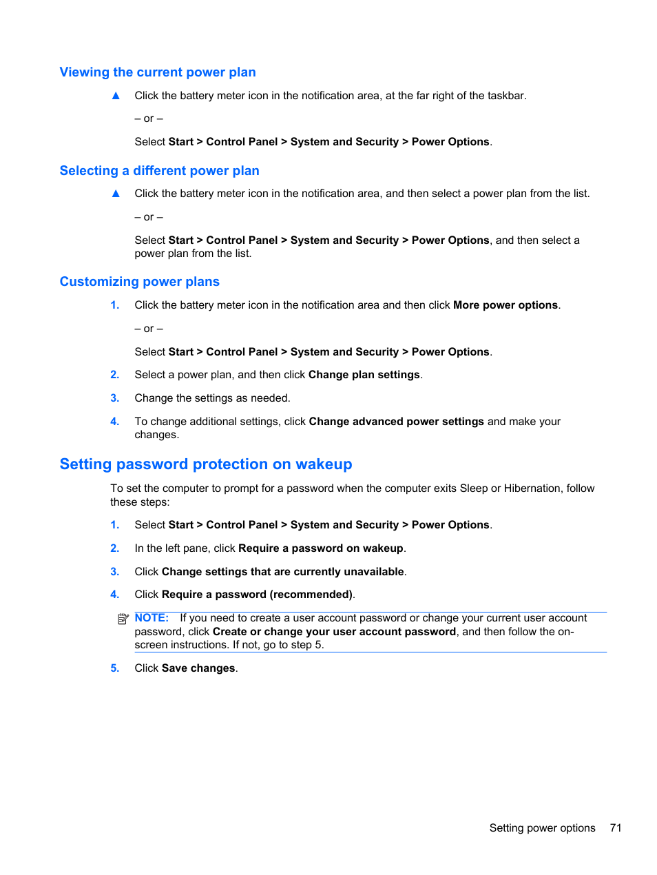 Viewing the current power plan, Selecting a different power plan, Customizing power plans | Setting password protection on wakeup | HP EliteBook 2740p Tablet-PC User Manual | Page 83 / 175