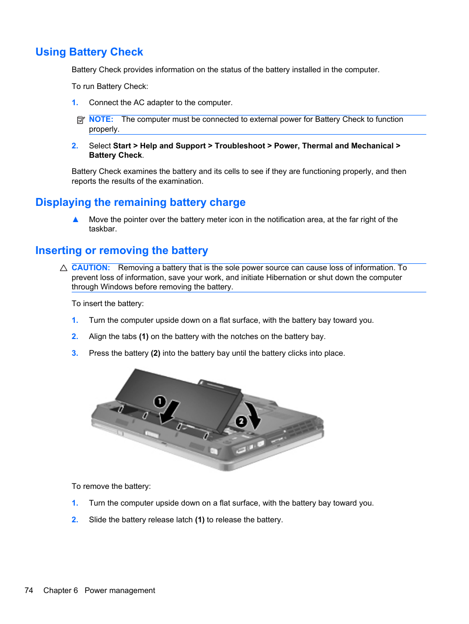 Using battery check, Displaying the remaining battery charge, Inserting or removing the battery | HP EliteBook 2740p Tablet-PC User Manual | Page 86 / 175