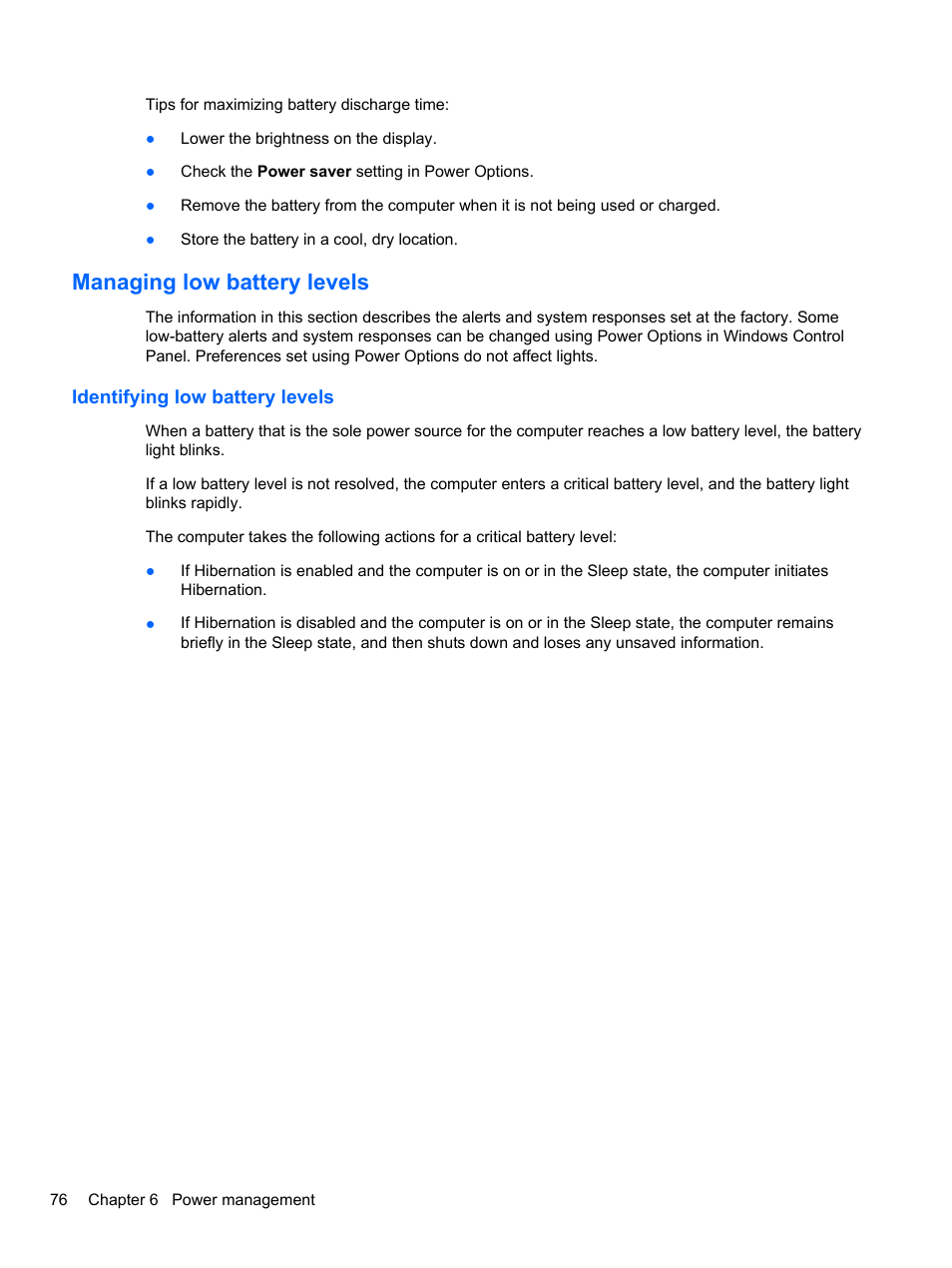 Managing low battery levels, Identifying low battery levels | HP EliteBook 2740p Tablet-PC User Manual | Page 88 / 175