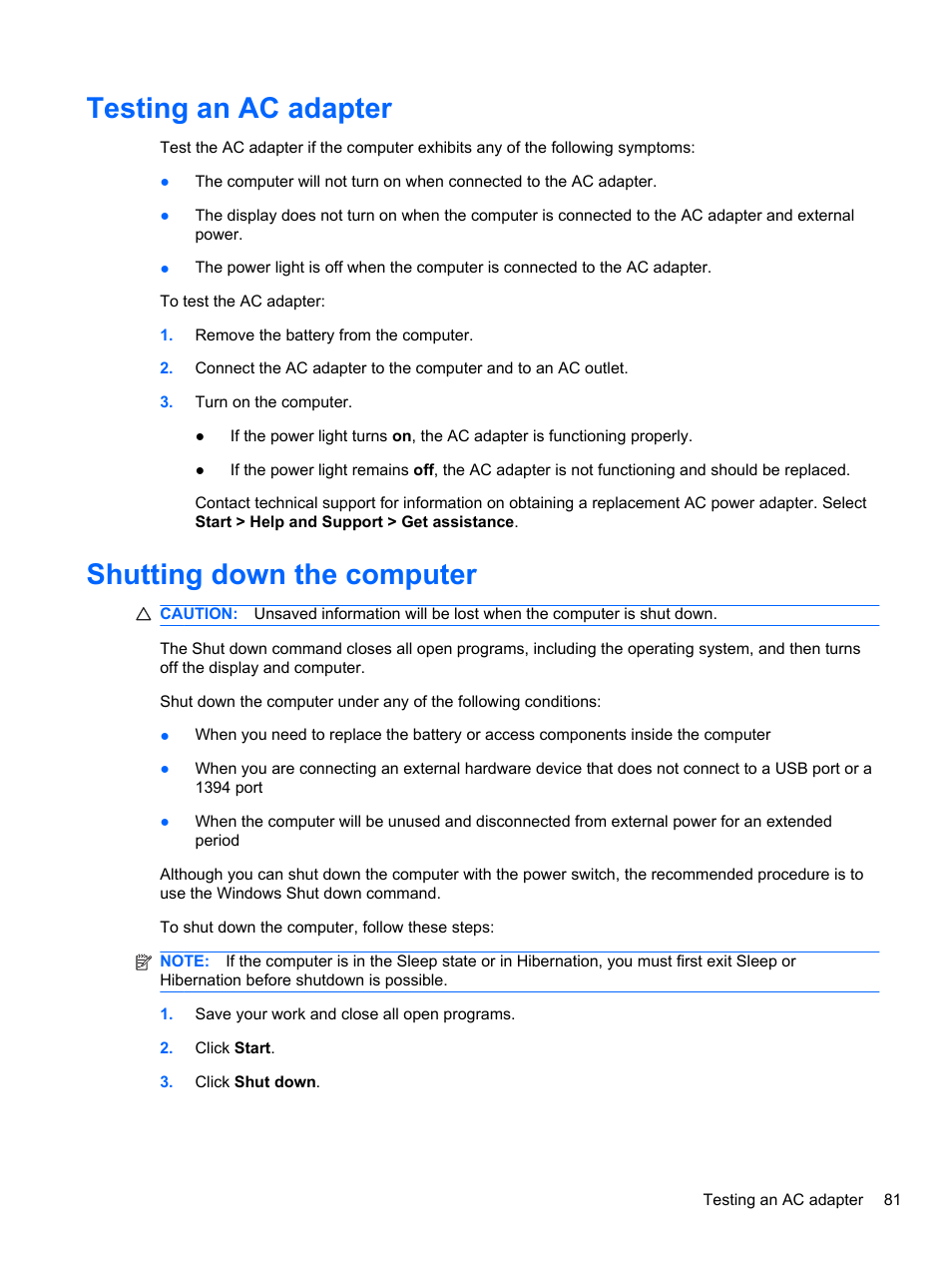 Testing an ac adapter, Shutting down the computer, Testing an ac adapter shutting down the computer | HP EliteBook 2740p Tablet-PC User Manual | Page 93 / 175