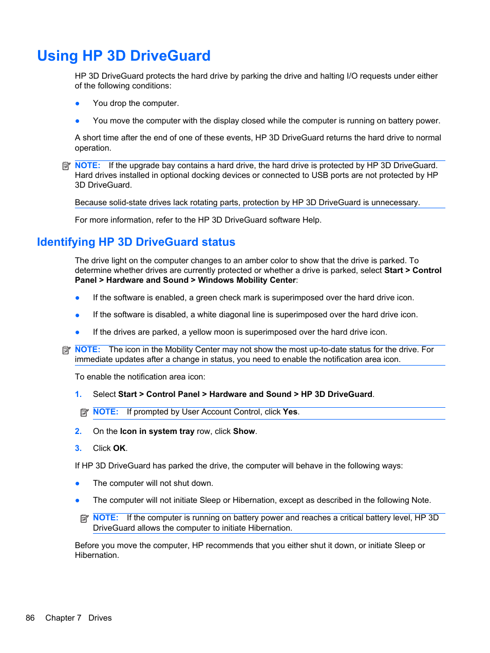 Using hp 3d driveguard, Identifying hp 3d driveguard status | HP EliteBook 2740p Tablet-PC User Manual | Page 98 / 175