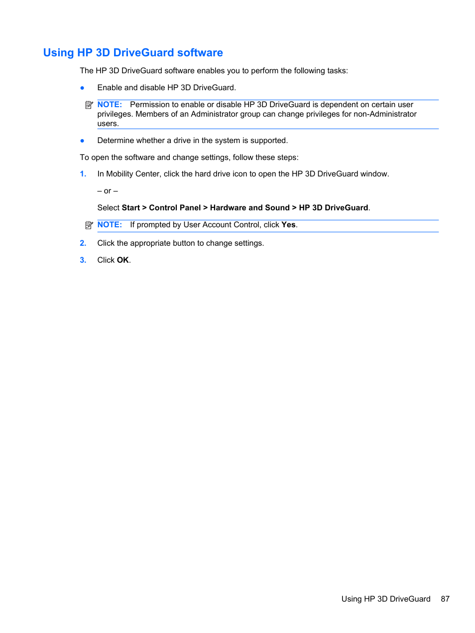 Using hp 3d driveguard software | HP EliteBook 2740p Tablet-PC User Manual | Page 99 / 175