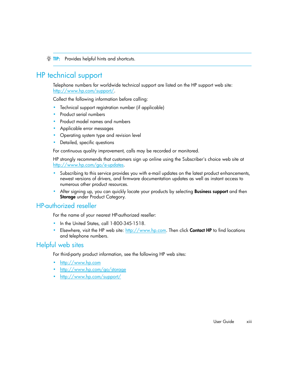 Hp technical support, Hp-authorized reseller, Helpful web sites | HP Storage Essentials Enterprise Edition Software User Manual | Page 13 / 90