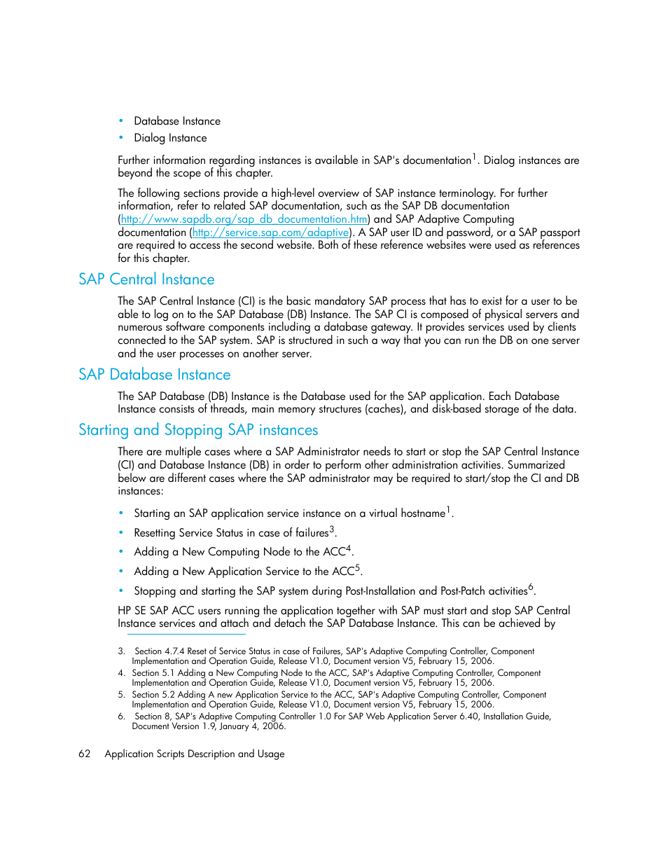 Sap central instance, Sap database instance, Starting and stopping sap instances | HP Storage Essentials Enterprise Edition Software User Manual | Page 76 / 90