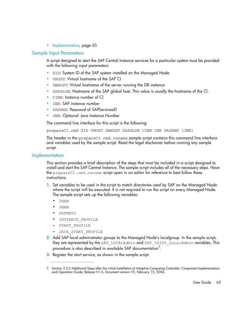 Sample input parameters, Implementation | HP Storage Essentials Enterprise Edition Software User Manual | Page 79 / 90