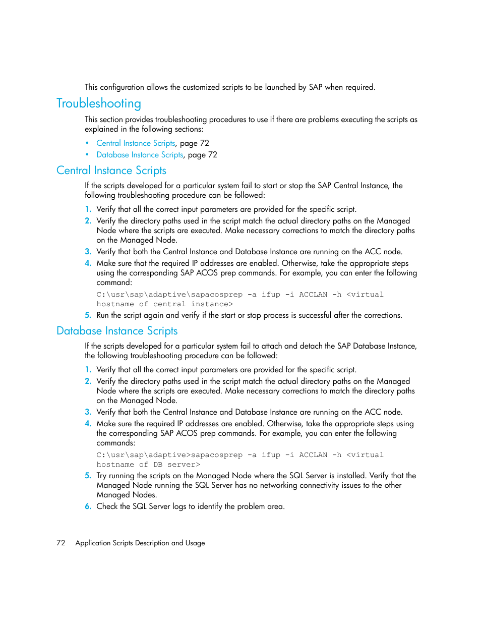 Troubleshooting, Central instance scripts, Database instance scripts | HP Storage Essentials Enterprise Edition Software User Manual | Page 86 / 90