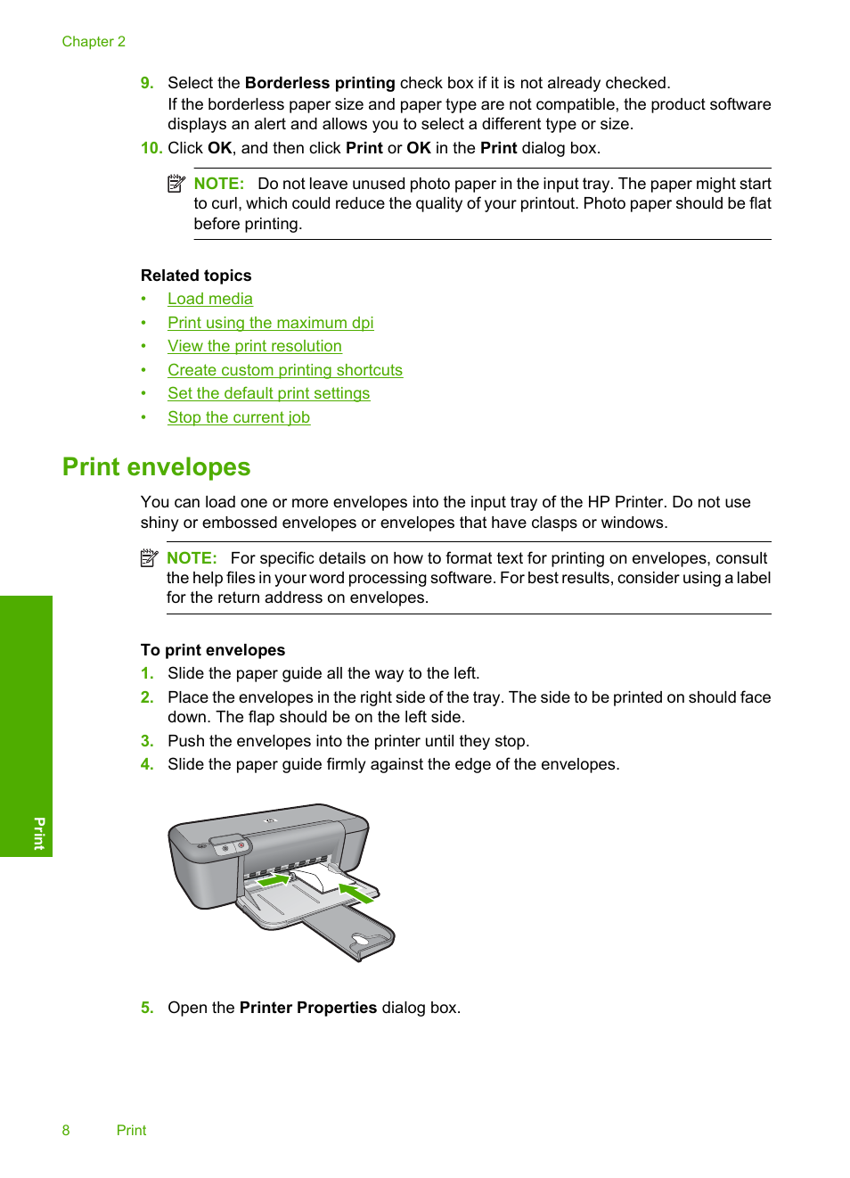 Print envelopes | HP Deskjet D2680 Printer User Manual | Page 10 / 88