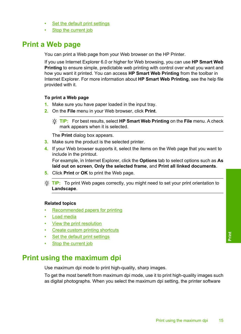 Print using the maximum dpi, Print a web page | HP Deskjet D2680 Printer User Manual | Page 17 / 88