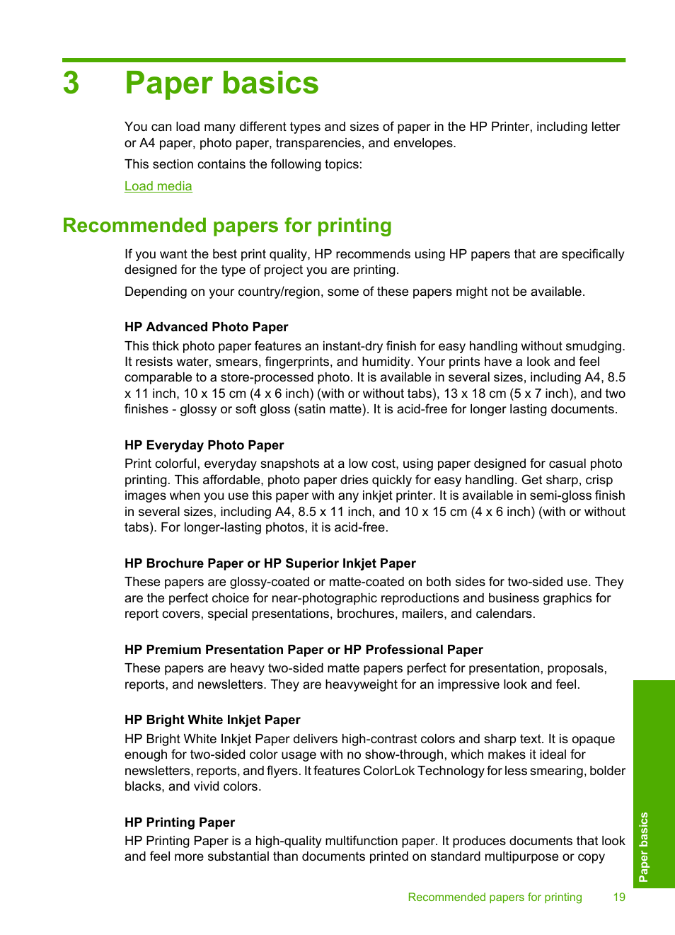 Recommended papers for printing, 3paper basics | HP Deskjet D2680 Printer User Manual | Page 21 / 88