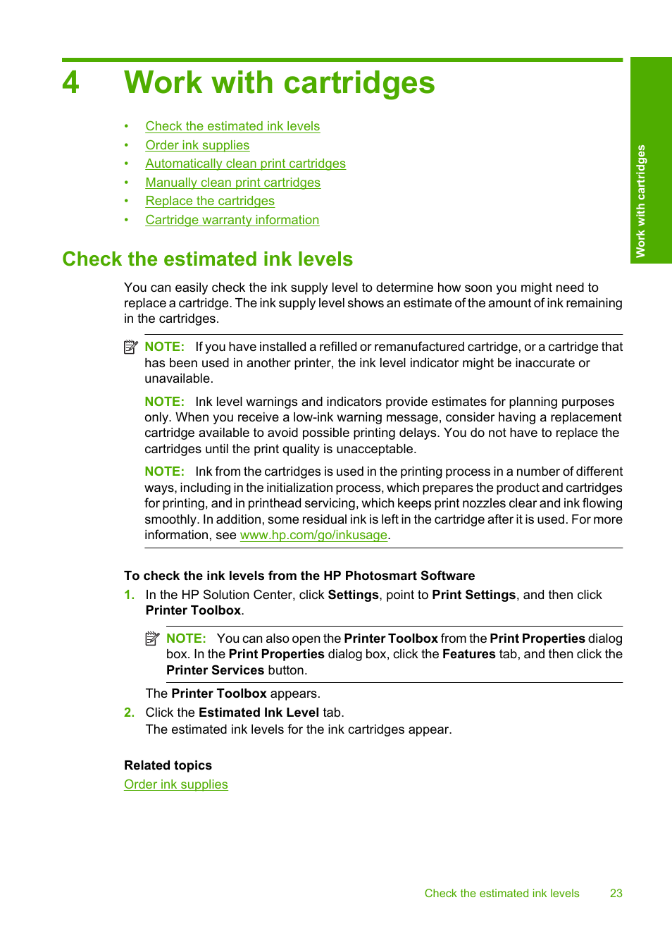 Work with cartridges, Check the estimated ink levels, 4 work with cartridges | 4work with cartridges | HP Deskjet D2680 Printer User Manual | Page 25 / 88