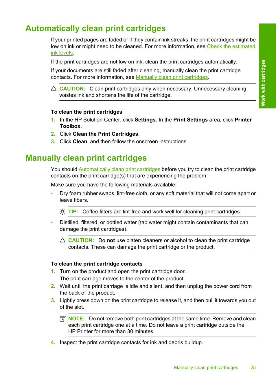 Automatically clean print cartridges, Manually clean print cartridges | HP Deskjet D2680 Printer User Manual | Page 27 / 88