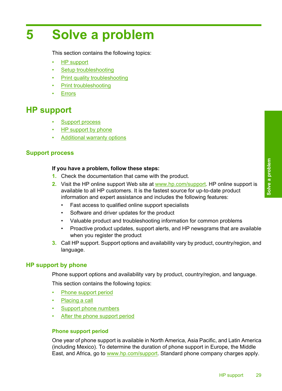 Solve a problem, Hp support, Support process | Hp support by phone, Phone support period, 5 solve a problem, 5solve a problem | HP Deskjet D2680 Printer User Manual | Page 31 / 88