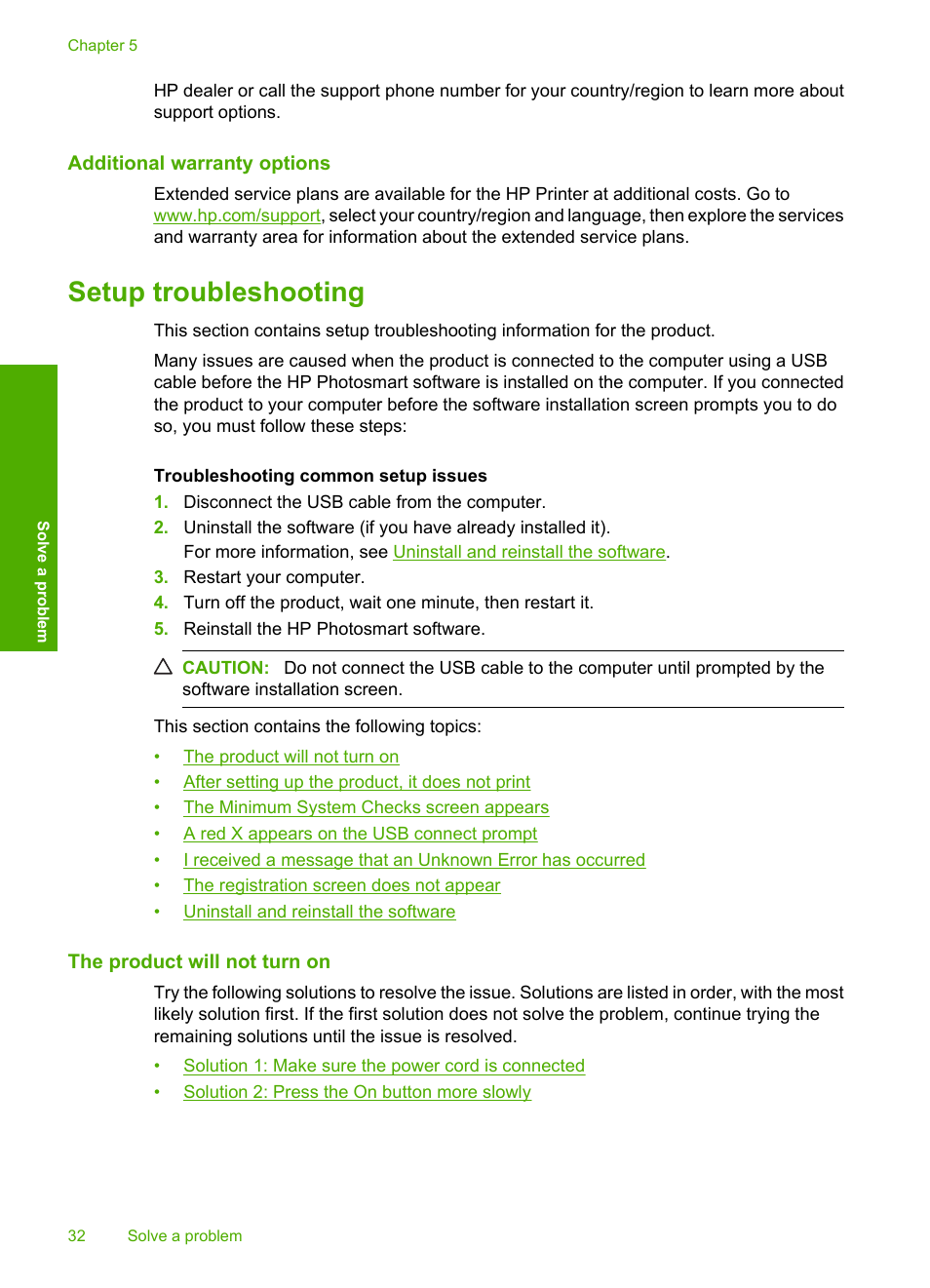 Additional warranty options, Setup troubleshooting, The product will not turn on | HP Deskjet D2680 Printer User Manual | Page 34 / 88