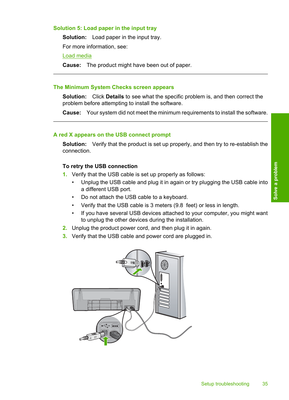 The minimum system checks screen appears, A red x appears on the usb connect prompt, Solution 5: load paper in the input tray | HP Deskjet D2680 Printer User Manual | Page 37 / 88