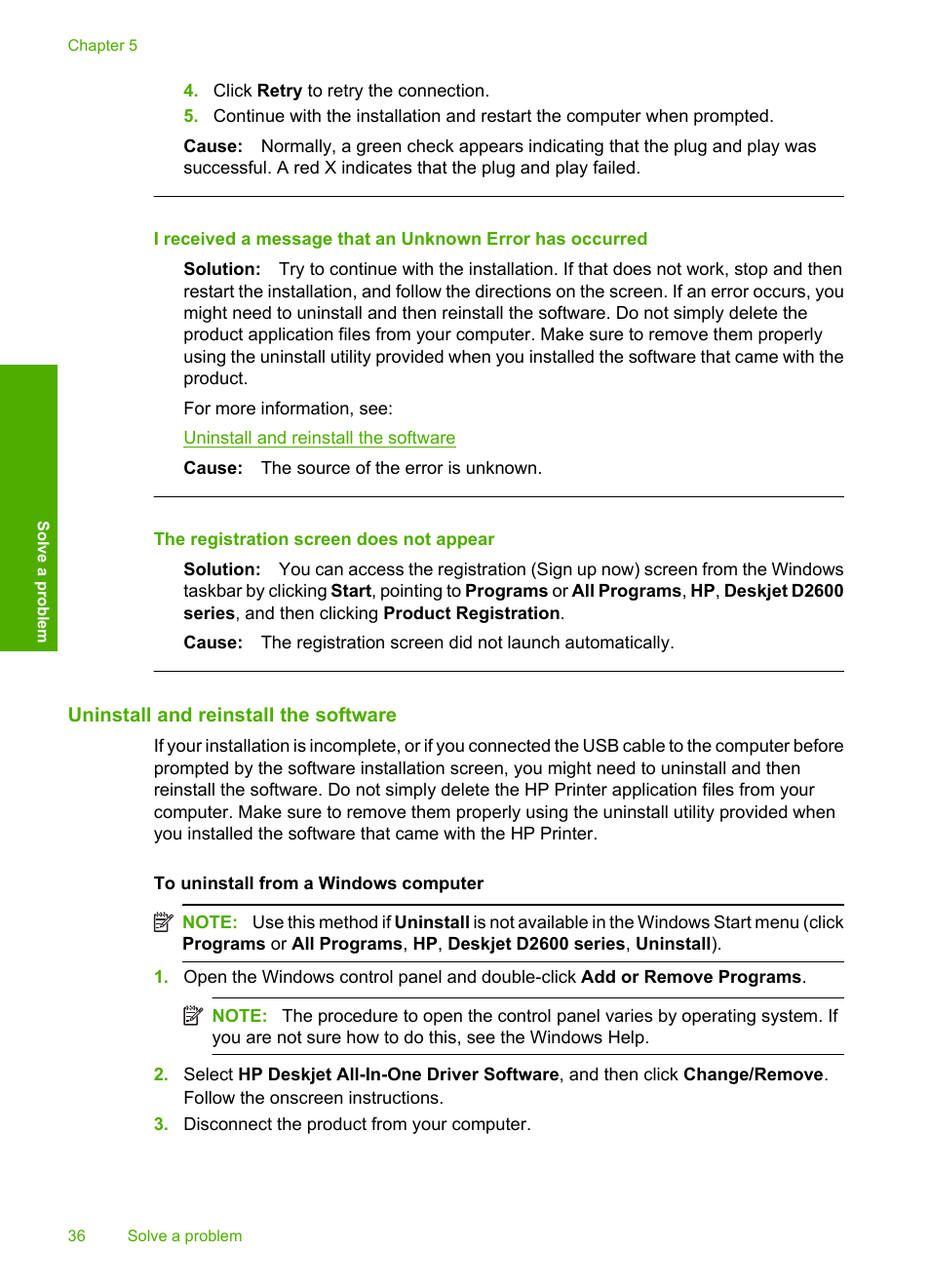 Uninstall and reinstall the software, The registration screen does not appear | HP Deskjet D2680 Printer User Manual | Page 38 / 88