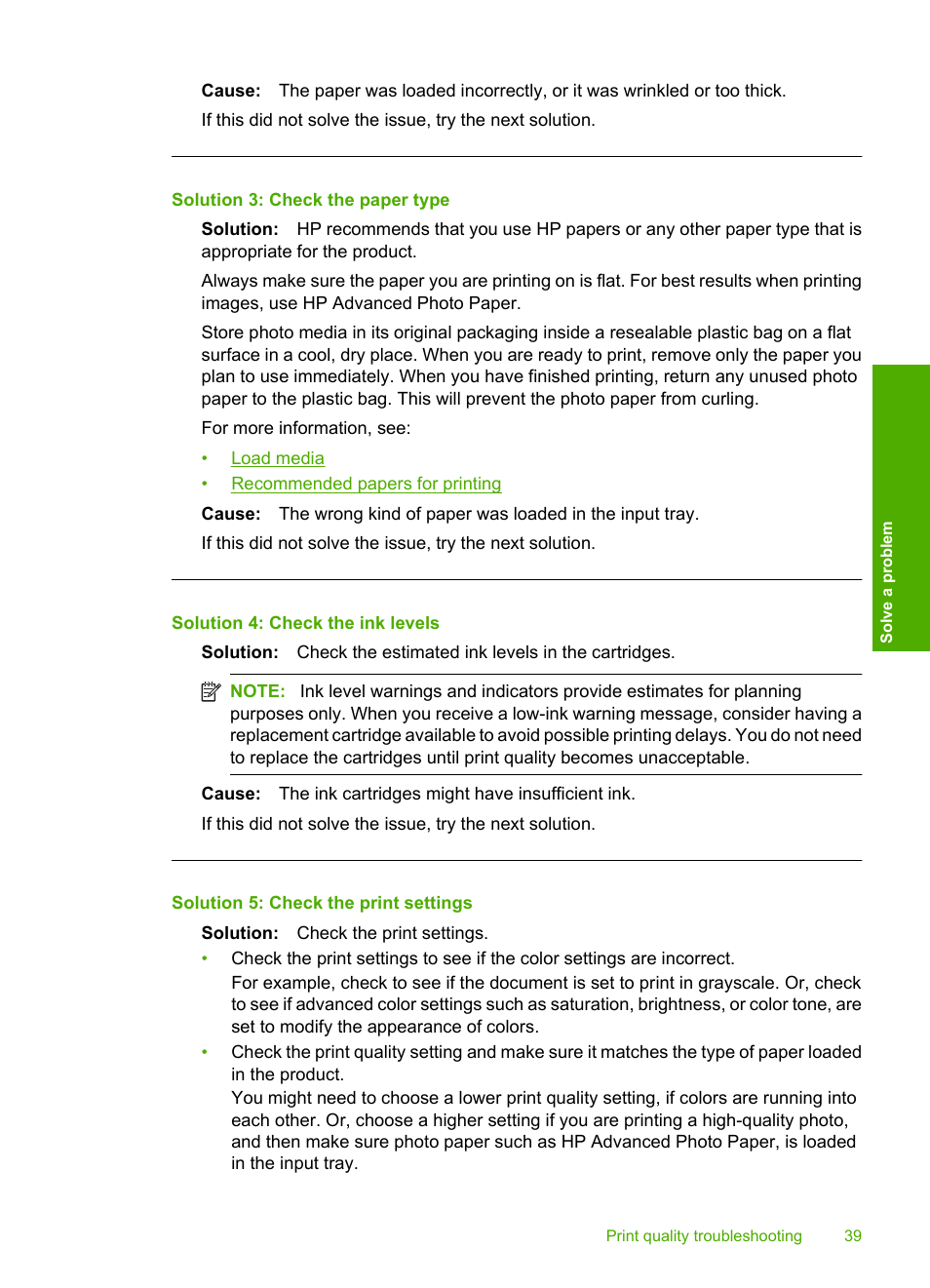 Solution 3: check the paper type, Solution 4: check the ink levels, Solution 5: check the print settings | HP Deskjet D2680 Printer User Manual | Page 41 / 88