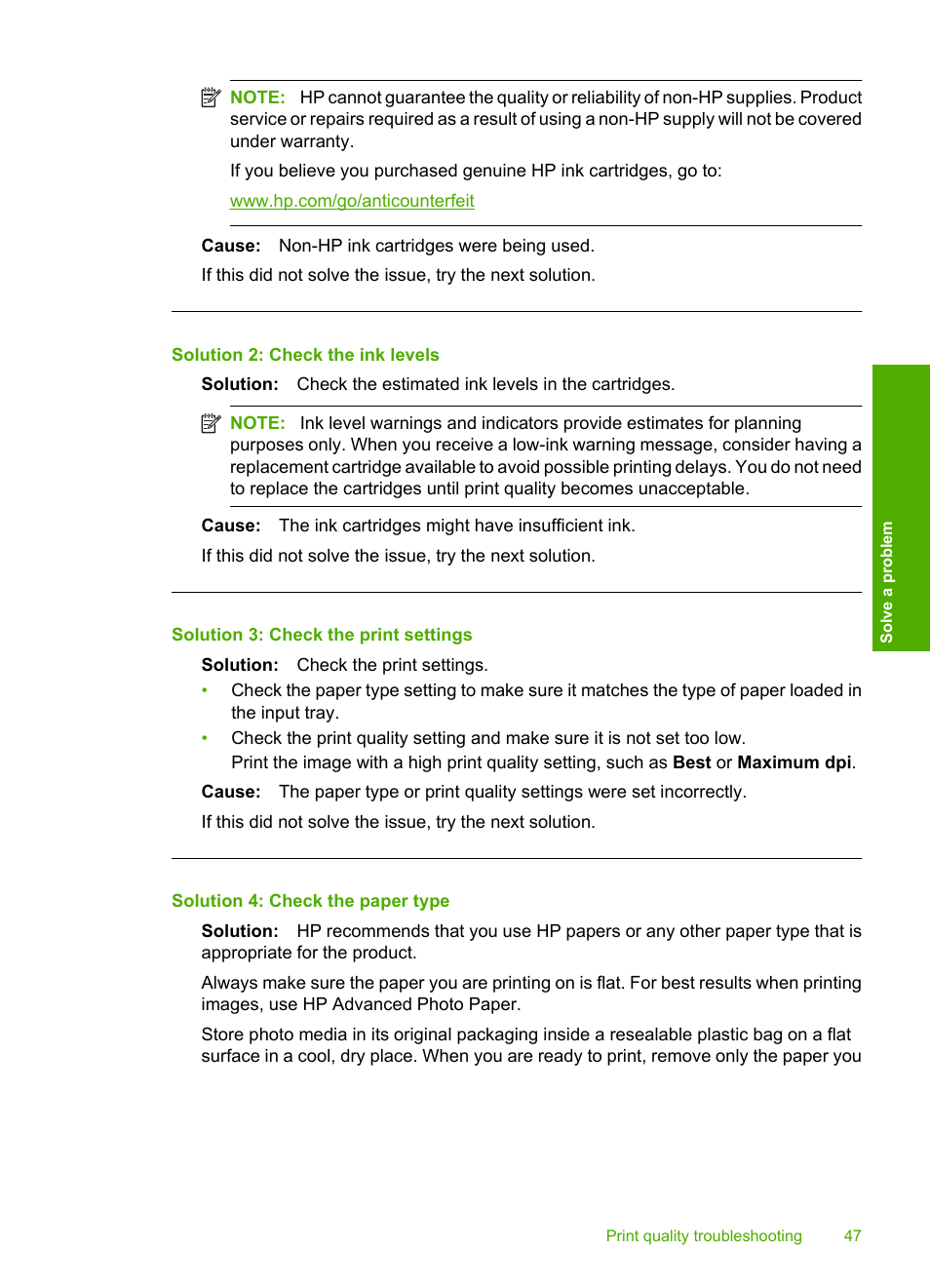 Solution 2: check the ink levels, Solution 3: check the print settings, Solution 4: check the paper type | HP Deskjet D2680 Printer User Manual | Page 49 / 88