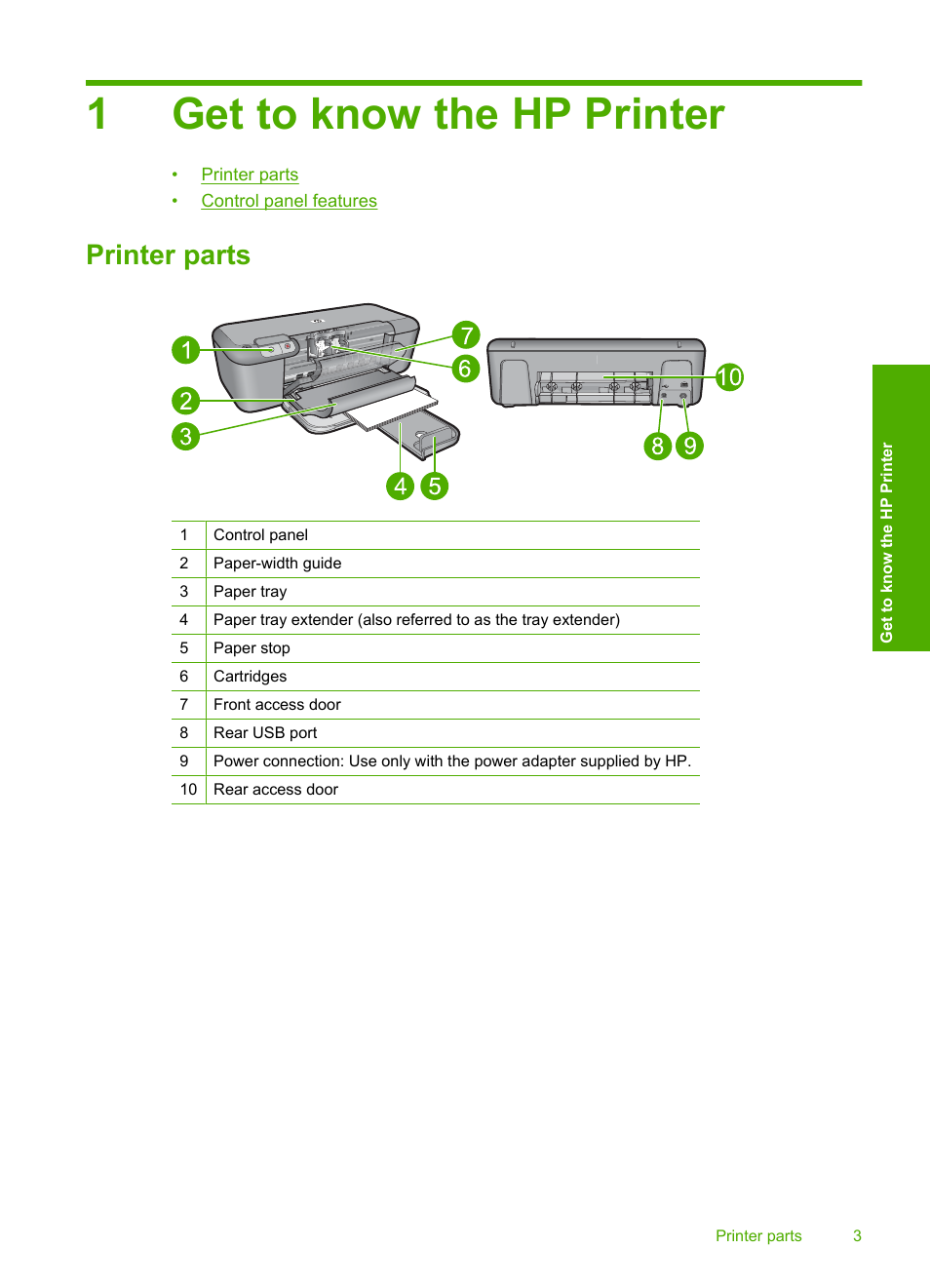 Get to know the hp printer, Printer parts, 1 get to know the hp printer | 1get to know the hp printer | HP Deskjet D2680 Printer User Manual | Page 5 / 88